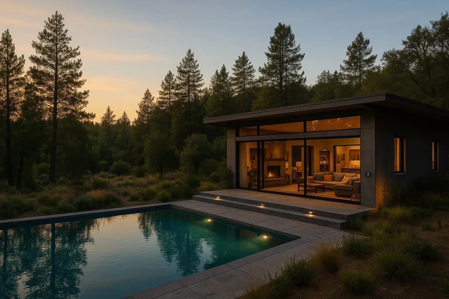 Modern Scandinavian house with pool at dusk